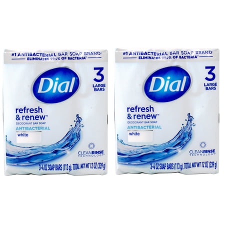 Dial Antibacterial Bar Soap, Refresh & Renew, White, 3 - 4 OZ Soap Bars - 2 Pack