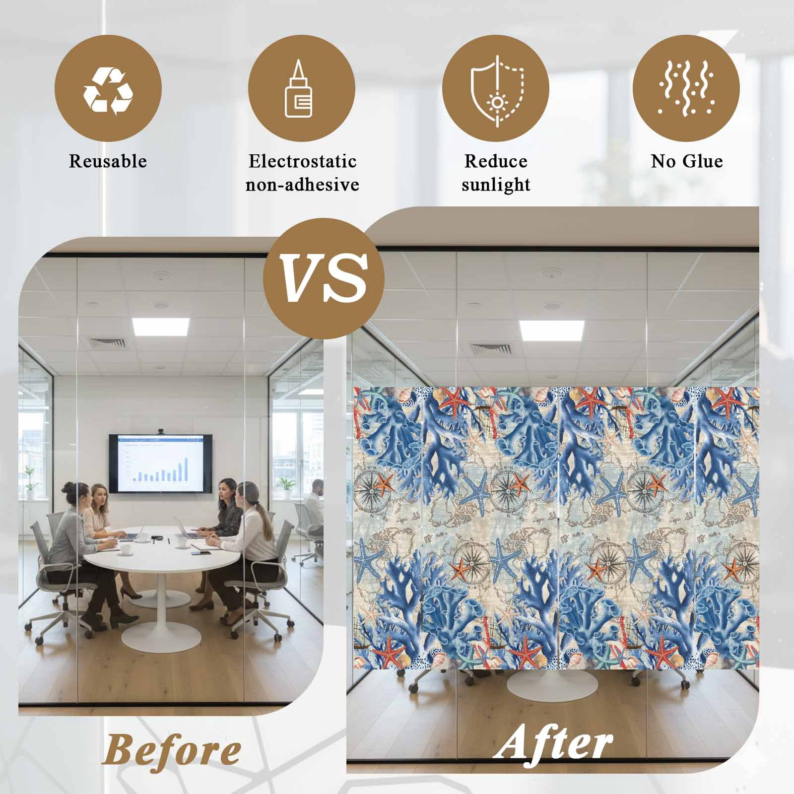 Static Cling Door Window Covering, Navy Blue Coral Window Privacy Film Frosted, Vintage Coastal Nautical Summer Beach UV Blocking Windows Film for Office, Hotel, Bedroom, 29.5 x 78.7 Inches