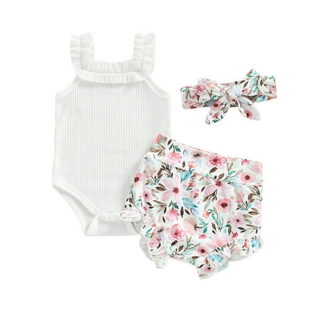 

Newborn Baby Girl Clothes Sleeveless Ruffle Straps Ribbed Romper Bodysuit Tops+Bloomers Shorts Set Summer Outfits 3M 6M 12M 18M