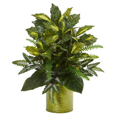 Nearly Natural Plastic 27" Mixed Greens Artificial Plant in Tin Planter, Green