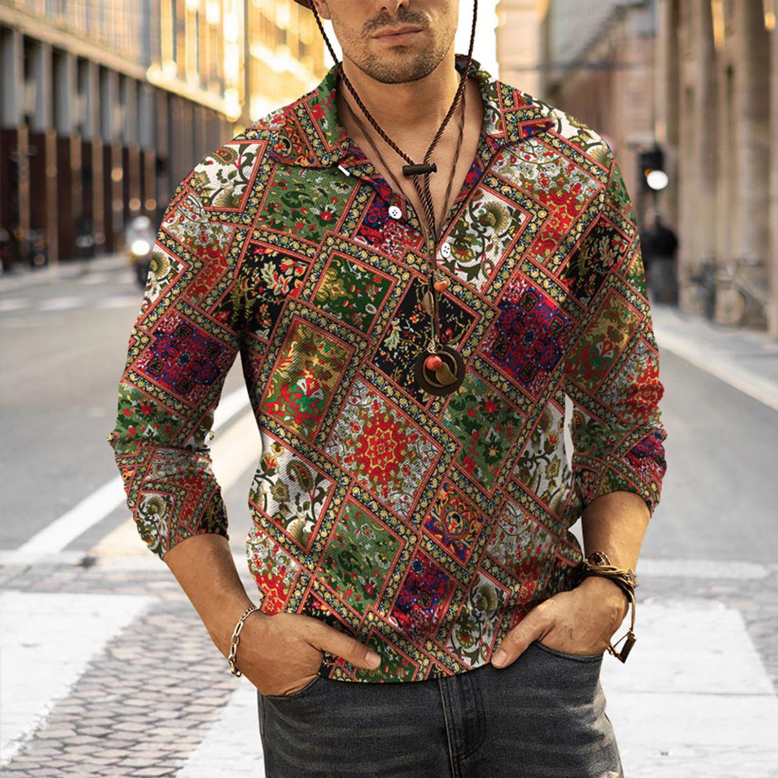 RYRJJ Men's Long Sleeve Polo Shirt Ethnic Aztec Print Tops Blouse Casual  Button Up Turn Down Collar Sports Workout Muscle Shirts(Multicolor,XXL)