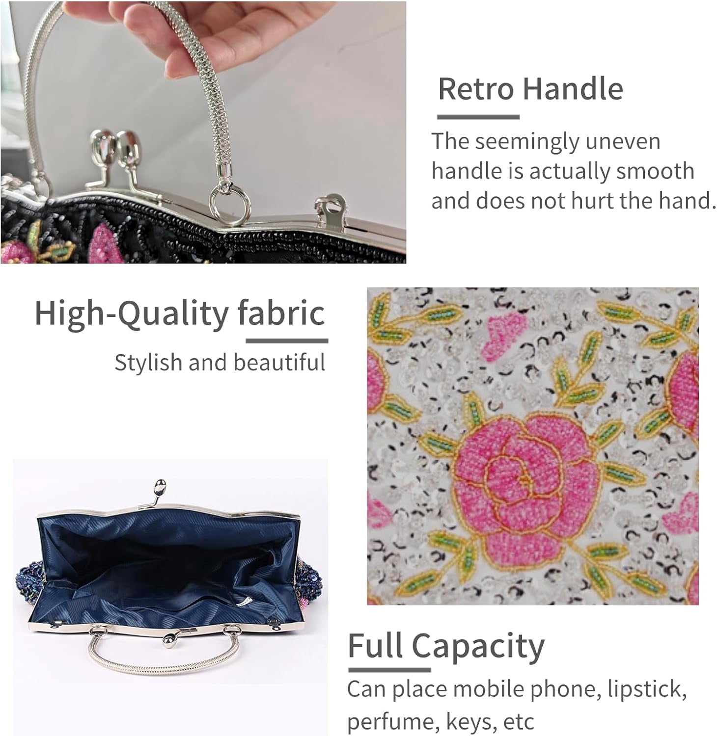 Women's Floral Beaded Embroidered Clutch Purse with Sequins and Detachable Chain - Elegant Evening Bag for Wedding Party