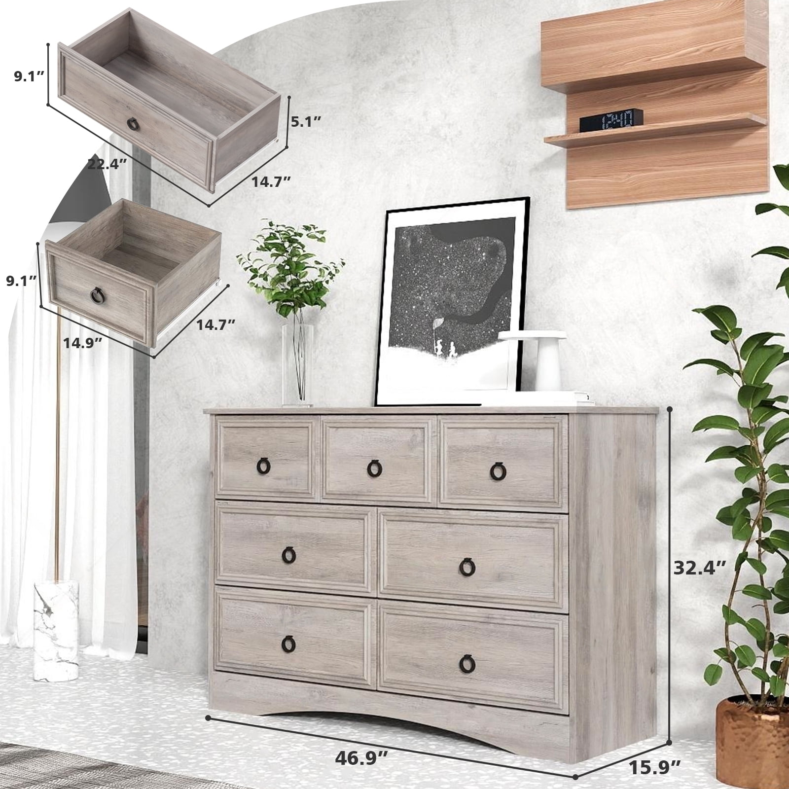 HUJAUU 7 Drawer Dresser, Modern Wood Chest of Drawers for Bedroom, Living Room, Closet, Hallway, Nursery, Gray