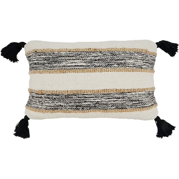 Fennco Styles Woven Striped Tassel Cotton Jute Decorative Throw Pillow Cover 12" W x 20" L - Black & White Textured Cushion Case for Home, Couch, Bedroom, Living Room and Office Décor