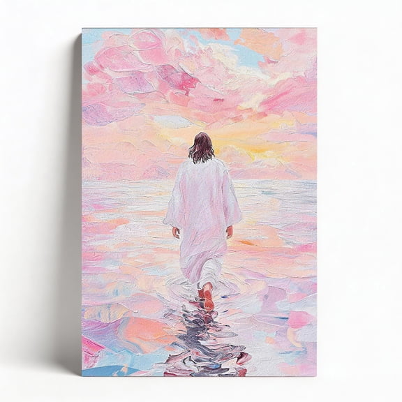 "Jesus Walks on Water" Canvas Wall Art, Pastel Impasto Christian Framed Decor, Modern Faith Artwork for Bedroom Living Room, Inspirational Home Decor Ready to Hang 12"x18"