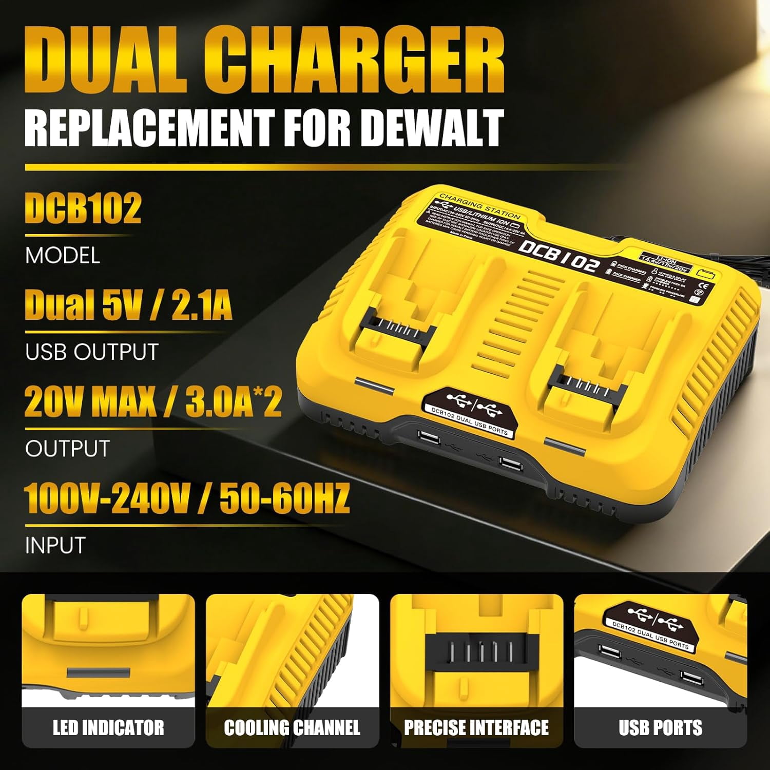 Dual Port Charger Replacement for De-Walt 12/20V MAX Battery Charger DCB102, Compatible with 20v 12v 60v Battery DCB120 DCB126 DCB208 DCB201 DCB609 DCB606