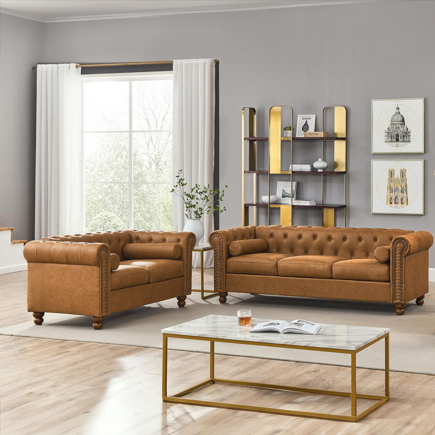 Luxurious Air Leather Chesterfield Sofa, 3-Seater with Rolled Arms, Tufted Design, Nailhead Accents, and Neck Roll Pillows for Cozy Living Spaces