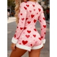 thumbnail image 3 of Women's Deep V Neck One Piece Shorts Bodysuit Furry Trim Long Sleeve Bodycon Jumpsuit Pajama Cute Heart Print Shorts Romper Valentines, 3 of 6