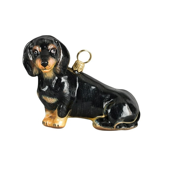 Black Dachshund Sitting Dog Polish Blown Glass Christmas Ornament