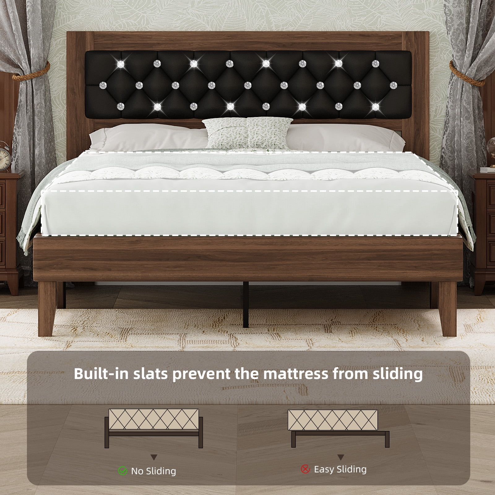 4 EVER WINNER Queen Size Rustic Platform Bed Frame, Luxury Diamond Tufted Headboard, Heavy-Duty Noise-Free, No Box Spring Required, Tool-Free Assembly, Walnut & Black