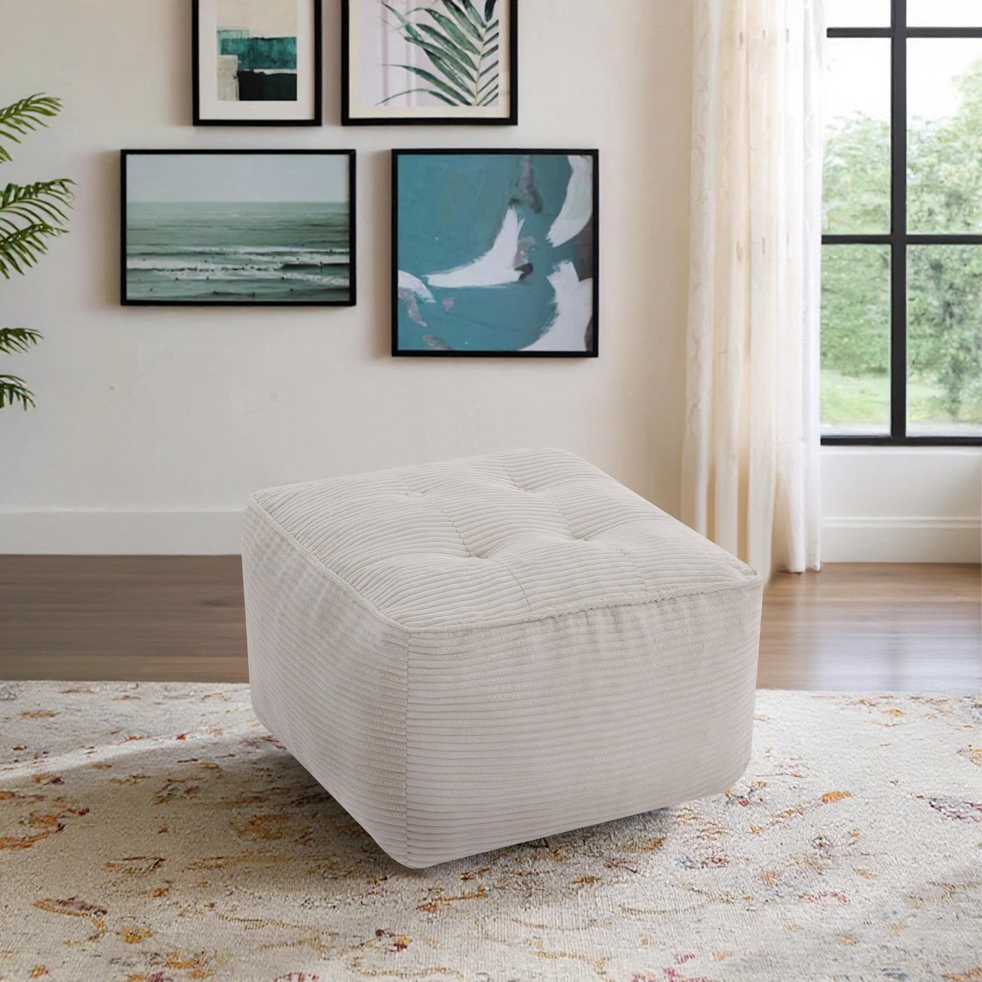 Square Pouf Ottoman Foot Rest, Soft Corduroy Pouf Foot Stool Cushion with Foam Chunk Filling, 26 x 26 x 13 Inch Floor Chair for Living Room, Bedroom & Home Decor,Beige