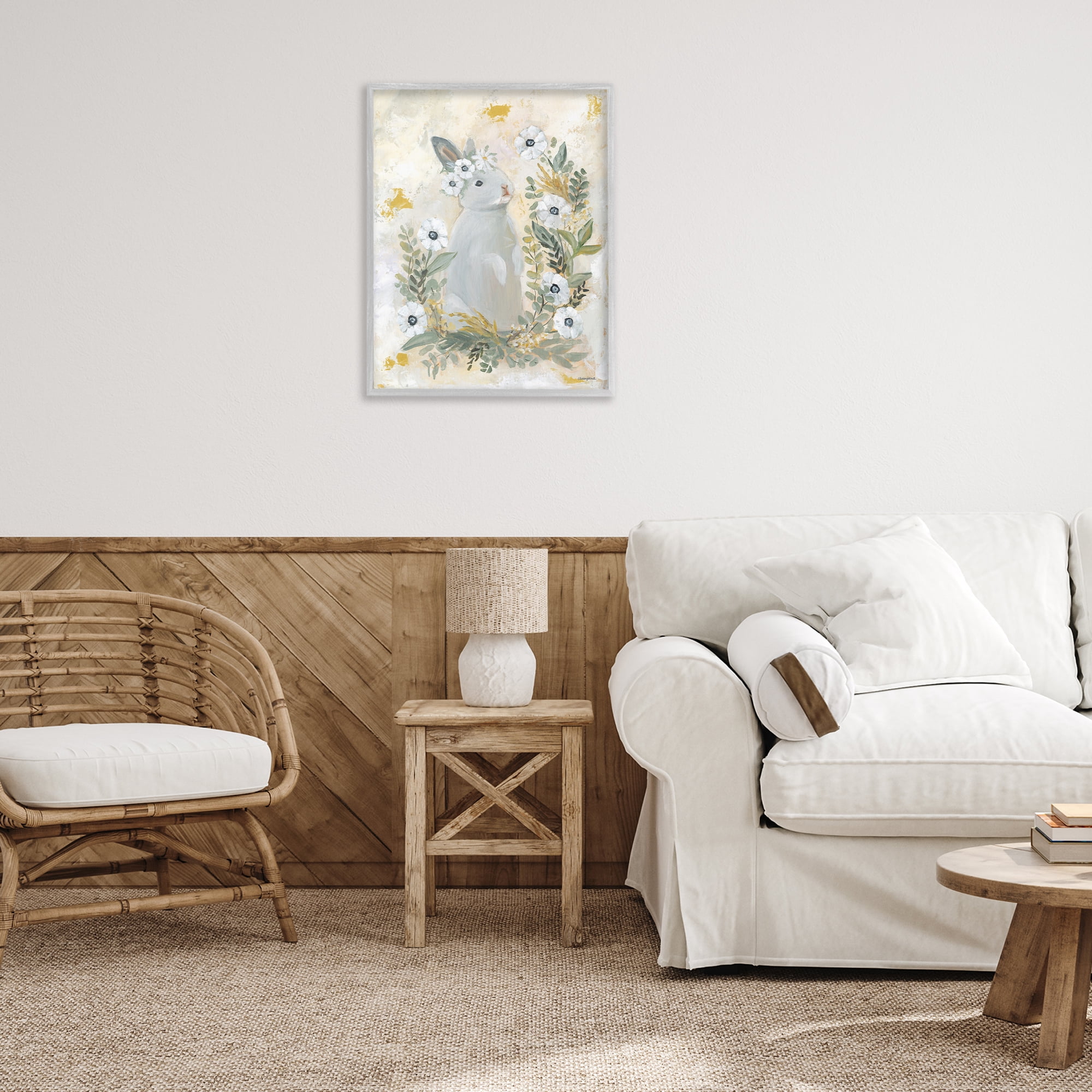 Bunny with White Blooms Gray Framed Giclee Art, 24 x 30, Made In USA