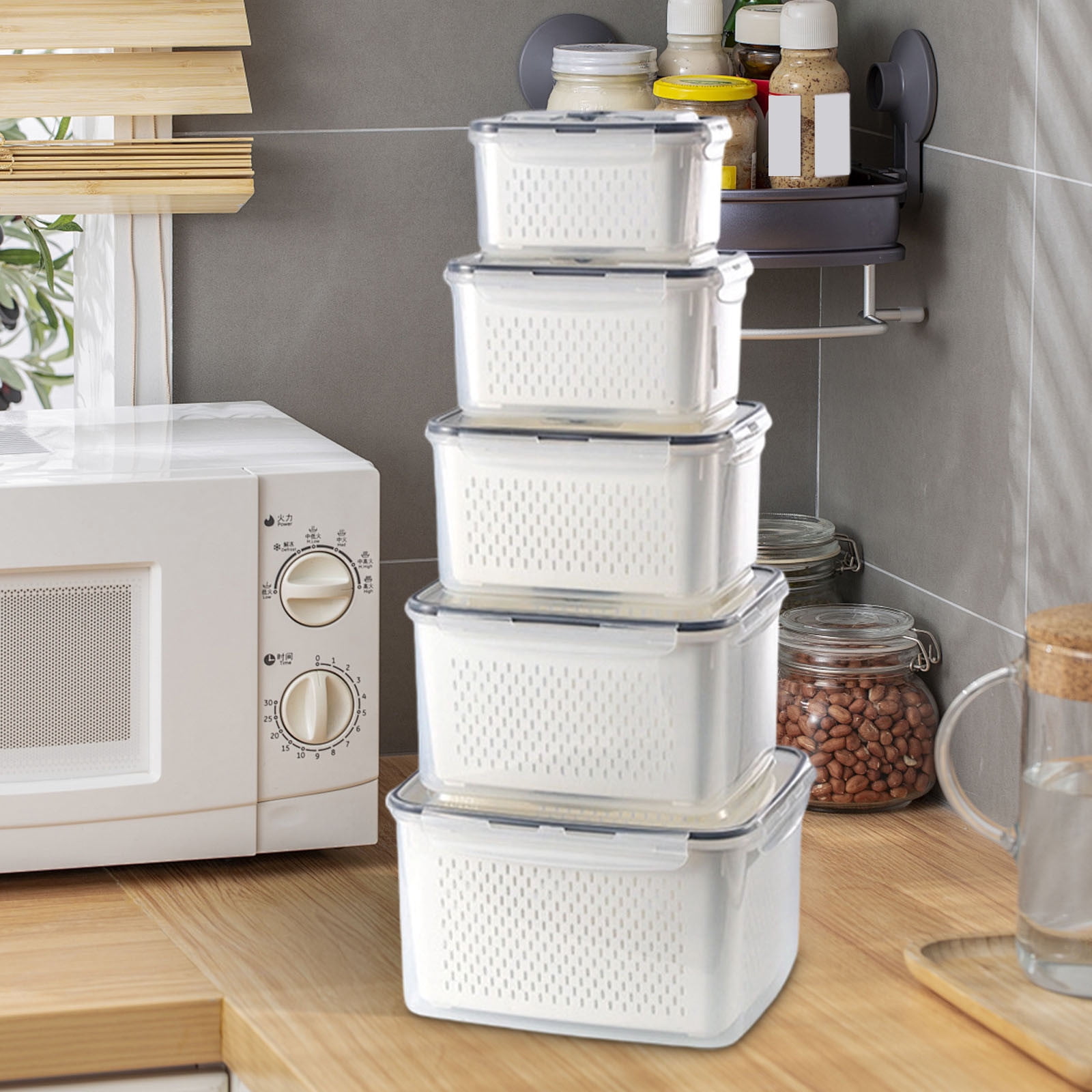 Kuroiy Food Storage Containers Set 6 Pack, Refrigerator Organizer Boxes with Detachable Filter, Sealed Lids, Stackable Design, Freshness Preserving Fruit, Vegetable, Meat Keepe