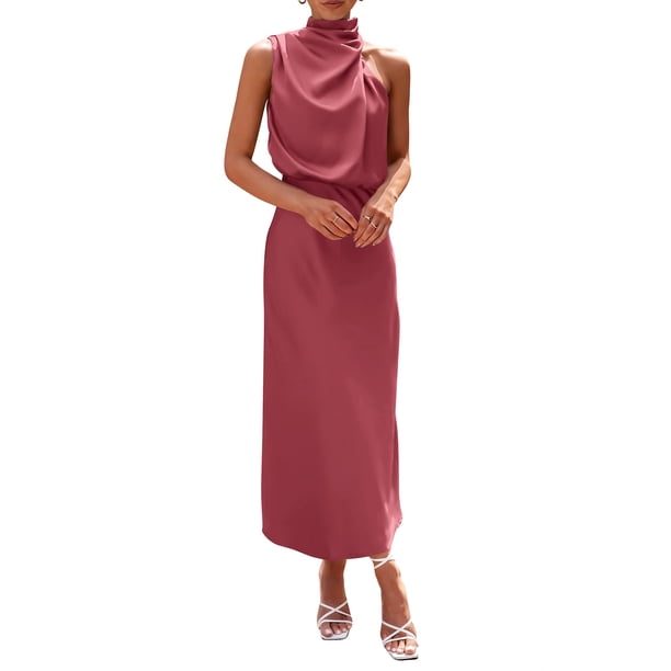 Vestido PRETTYGARDEN Satín Sin Mangas Cuello Simulado Maxi XL