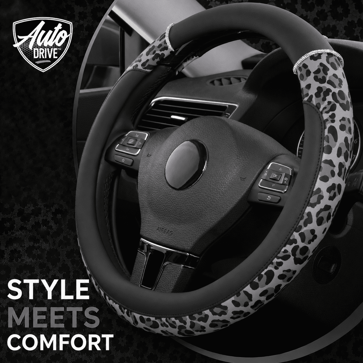 Auto Drive Steering Wheel Cover, Pink Leopard Print with Rhinestone Accents Steering Wheel Cover, Fashion Steering Wheel Cover,Non-Slip Grip, Universal Fit for Cars, SUVs & Truck,Gray