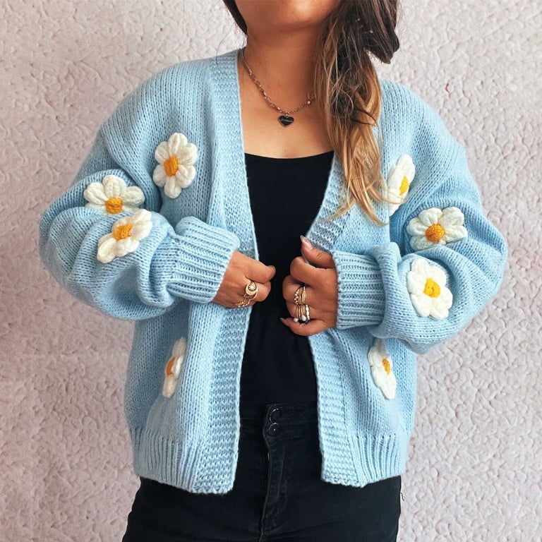 Womens Y2K Cardigan Sweaters Long Sleeve Open Front Cropped Flower