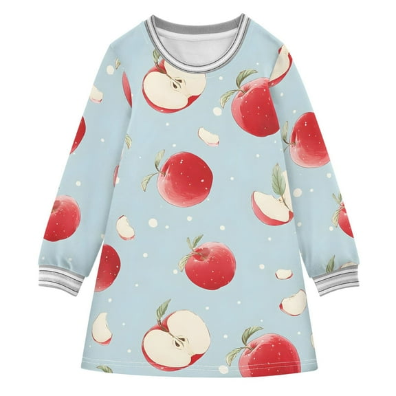 Girls' long-sleeved dress Cute Apple Girls' A-line dress with ribbed cuffs Soft and comfortable