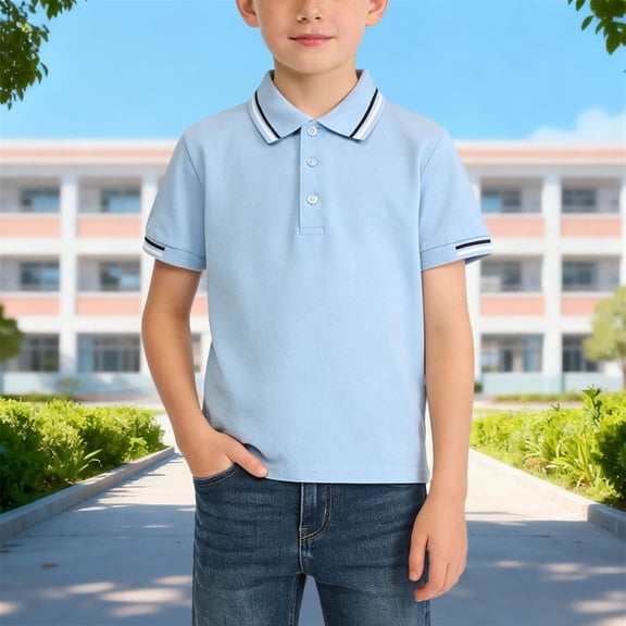Juslio Boys Striped T Shirts Button Front Collar Casual Short, Sleeved Tops Comfortable Breathable Pullover Shirts Sizes 2-18