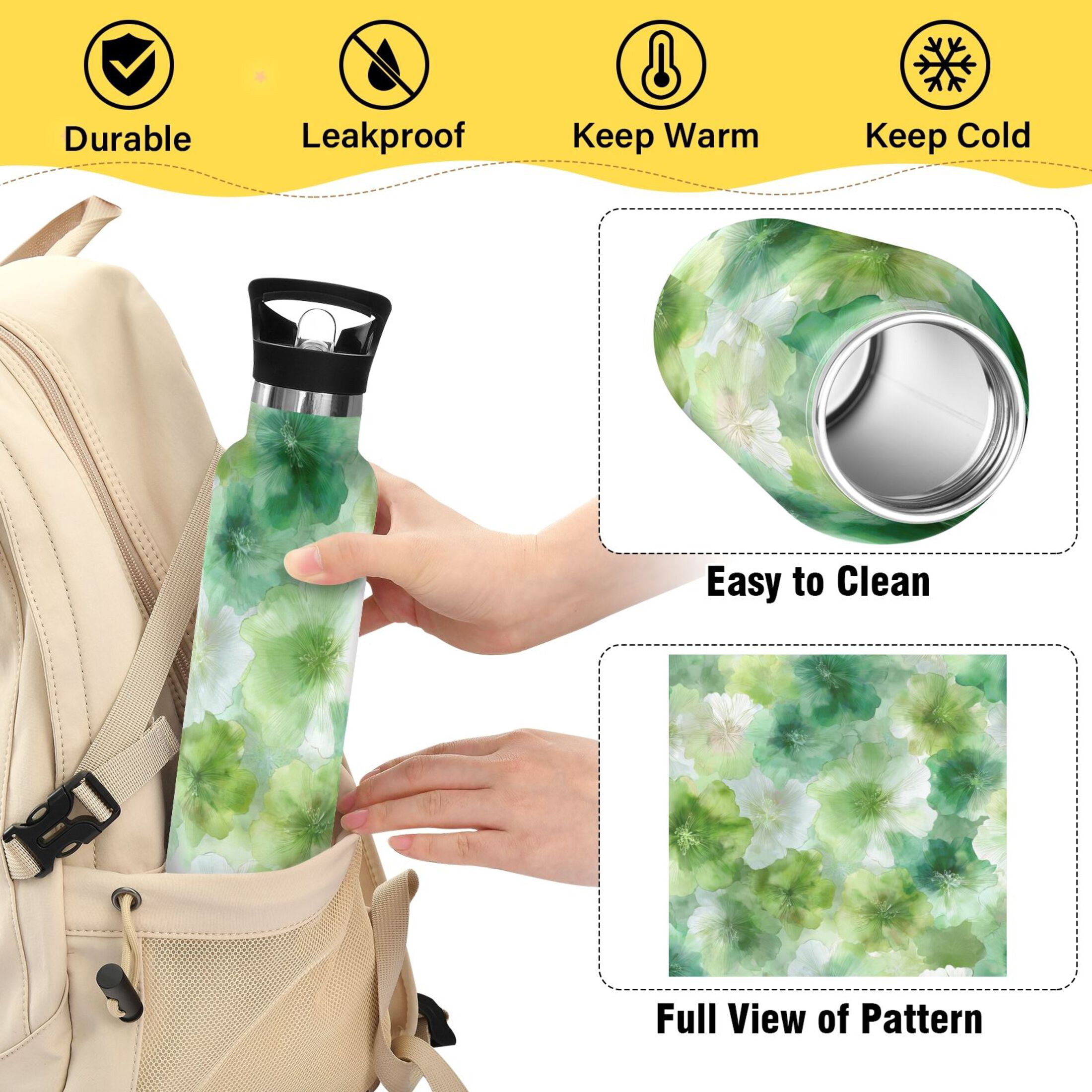 Kids Insulated Stainless Steel Sports Water Bottle 600ml (20oz) Green Tie-dye Flowers