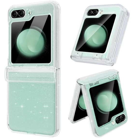 CASEFIV for Samsung Galaxy Z Flip 5 Case,Built in Front Screen Protector,Gold Glitter Marble Pattern Shockproof Full Body Drop Protective Case ,Clear Glitter