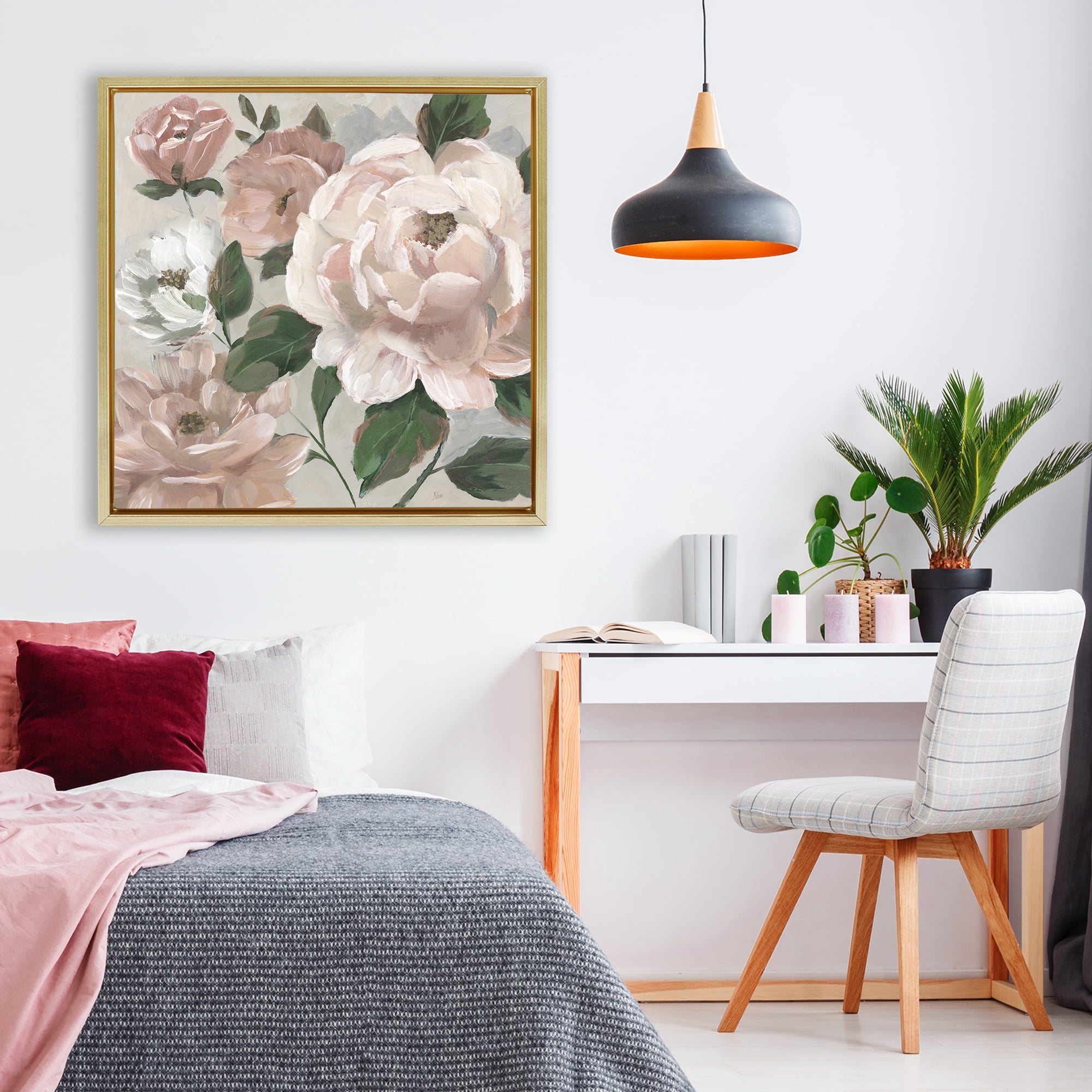 Stupell Industries Delicate Blush Peonies with Leaves Gold Framed Floater Canvas Wall Art, design by Nan