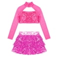 thumbnail image 4 of YONGHS Girls Sequins Jazz Hip Hop Dance Performance Outfits Crop Top with Tiered Skirted Shorts Set Hot Pink 12, 4 of 5