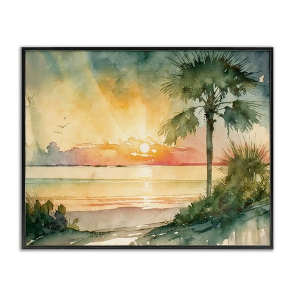 Stupell Industries Sunrise Through Palms Landscape & Nature Painting Black Framed Art Print Wall Art, 14 x 11