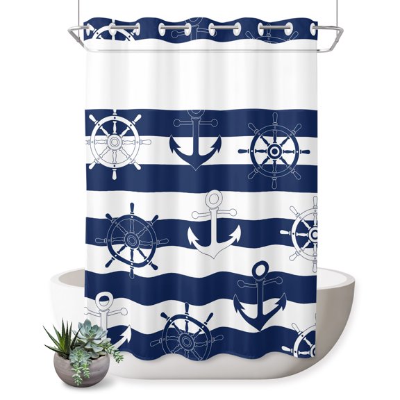 No Hook Shower Curtain, Nautical Coastal Shower Curtains for Bathroom with See Through Top Window, Summer Marine Rudder Anchor Stripes Navy Waterproof & Washable Bath Curtain Extra Long 72"x84"
