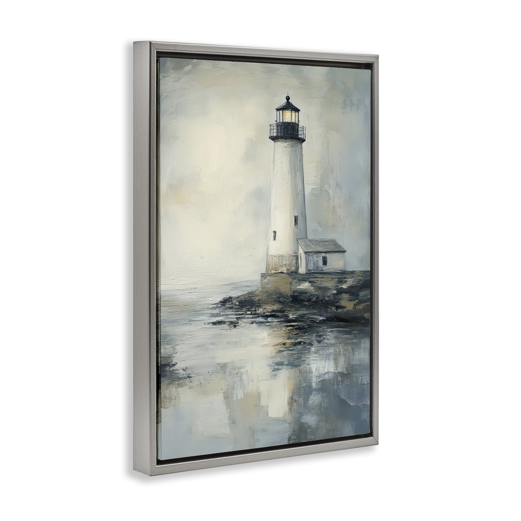 Stupell Industries Moody Lighthouse Reflecting Gray Framed Floater Canvas Wall Art, design by Petal Prints Design