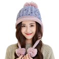 thumbnail image 2 of Gorro de invierno con orejeras peruanas para mujer, gorro de nieve de sherpa con forro polar de punto y 3 pompones, azul, 2 of 5