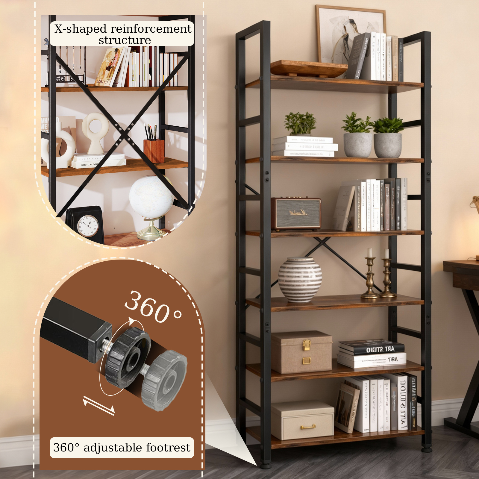 ZEUKMXOO 6 Tier Bookshelf , Modern Freestanding Display Bookcase Shelf, Vintage Wood Storage Organizer , Tall shelving unit for Living Room, Home Office, Bedroom, Pantry