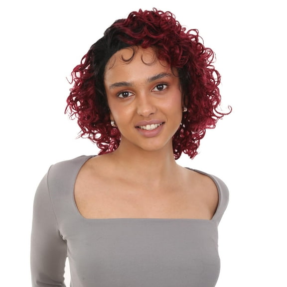 LUXLUXE Lanelle Curly Jaw-Length Cut 11 in Long Side Part Wig, Heat Stylable Human Hair, BLH-0007 (Black to Red Blend)