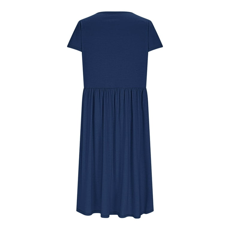 Fdgiu Women's Round Neck Midi Dress - Summer Casual Short Sleeve A-Line Pleated Dress with Pockets, Size: Large, Blue
