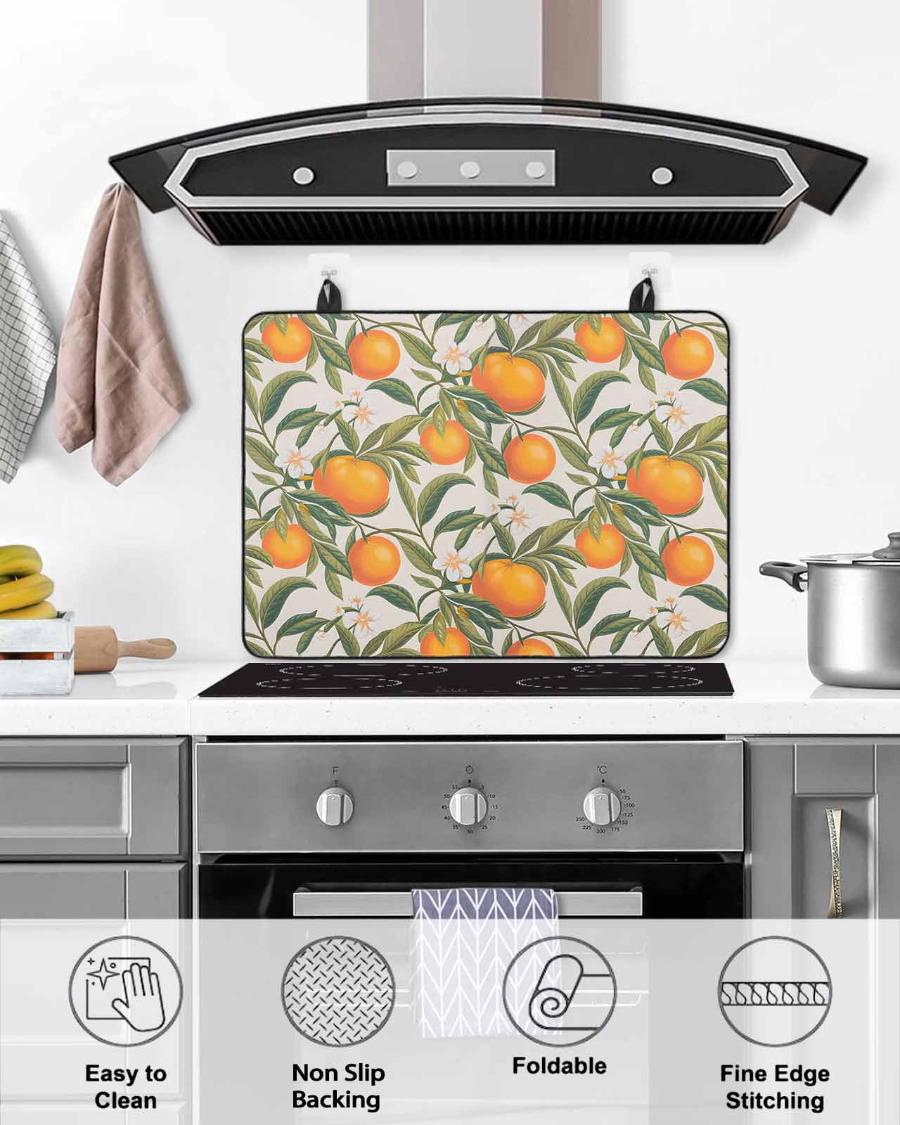 nqOlkjepod Large Induction Cooktop Protector Mat 24"x21", Country Orange Stove Top Covers for Electric Stove, Summer Spring Botanical Plants Leaves Stove Burner Cover Mats, Glass Top Stove Cover