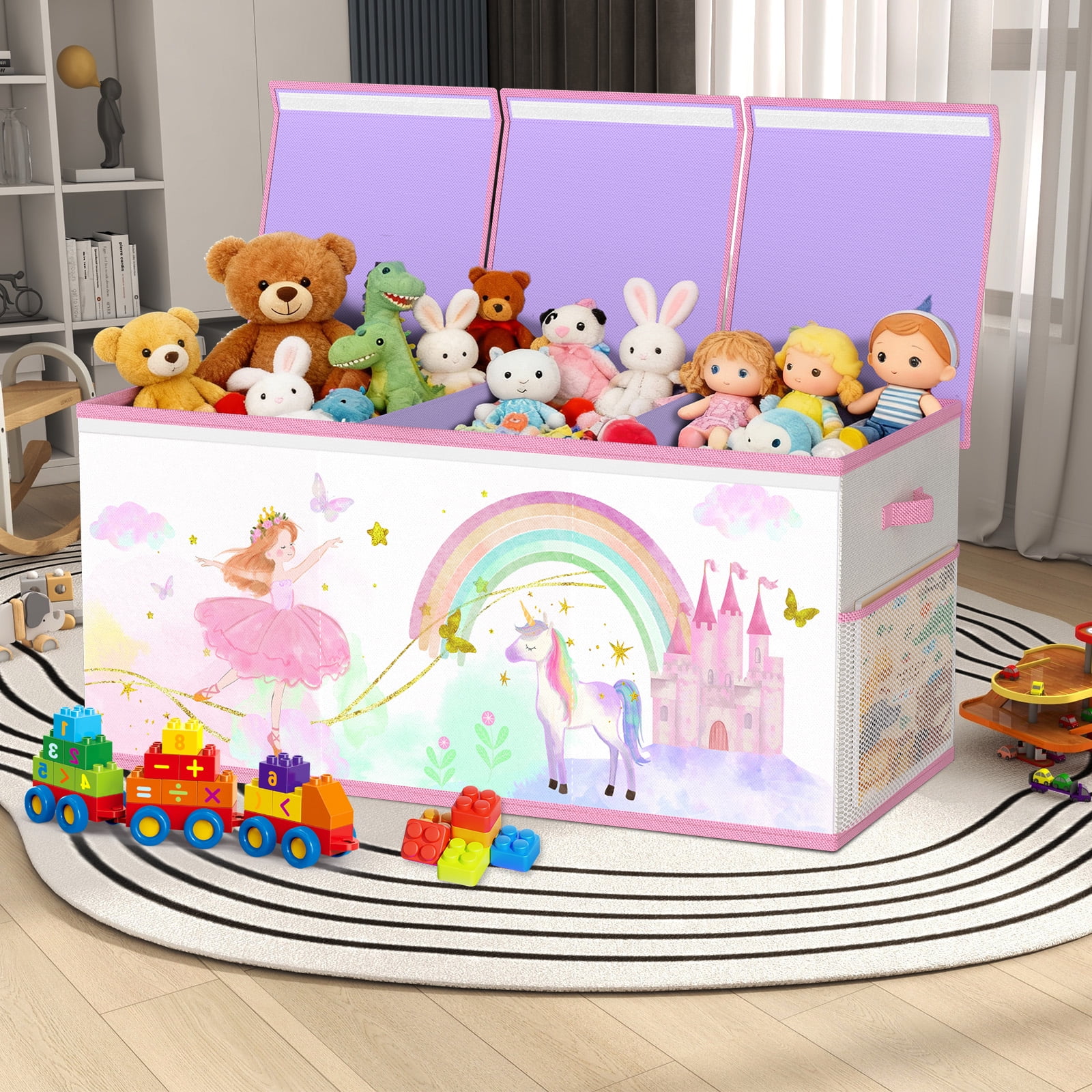 Extra Large Toy Storage Box for Girls Boys - Collapsible Toy Chest Organiser for Kids,Toy Bin Container with Lid for Clothes,Blanket,Nursery,Playroom,Bedroom,Stuffed Animals,Quilt(Beige&Purple)