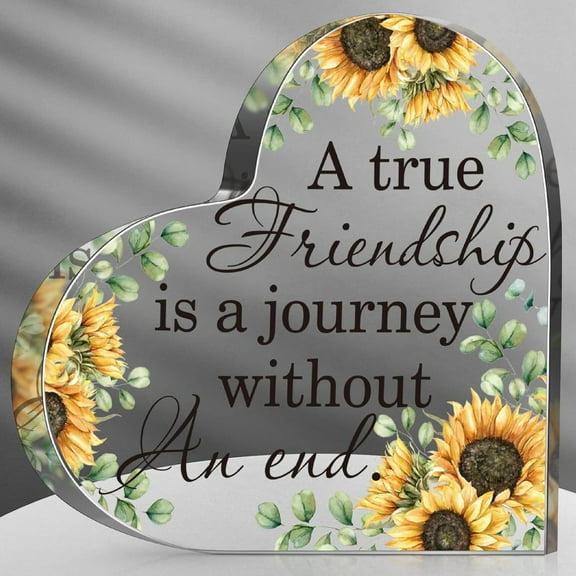 Bohemian Sunflower Heart Acrylic Decor "A True Friendship is a Journey Without an End" Inspirational Quote Desktop Plaque Friendship Keepsake Gift for Best Friend Sister Birthday Graduation