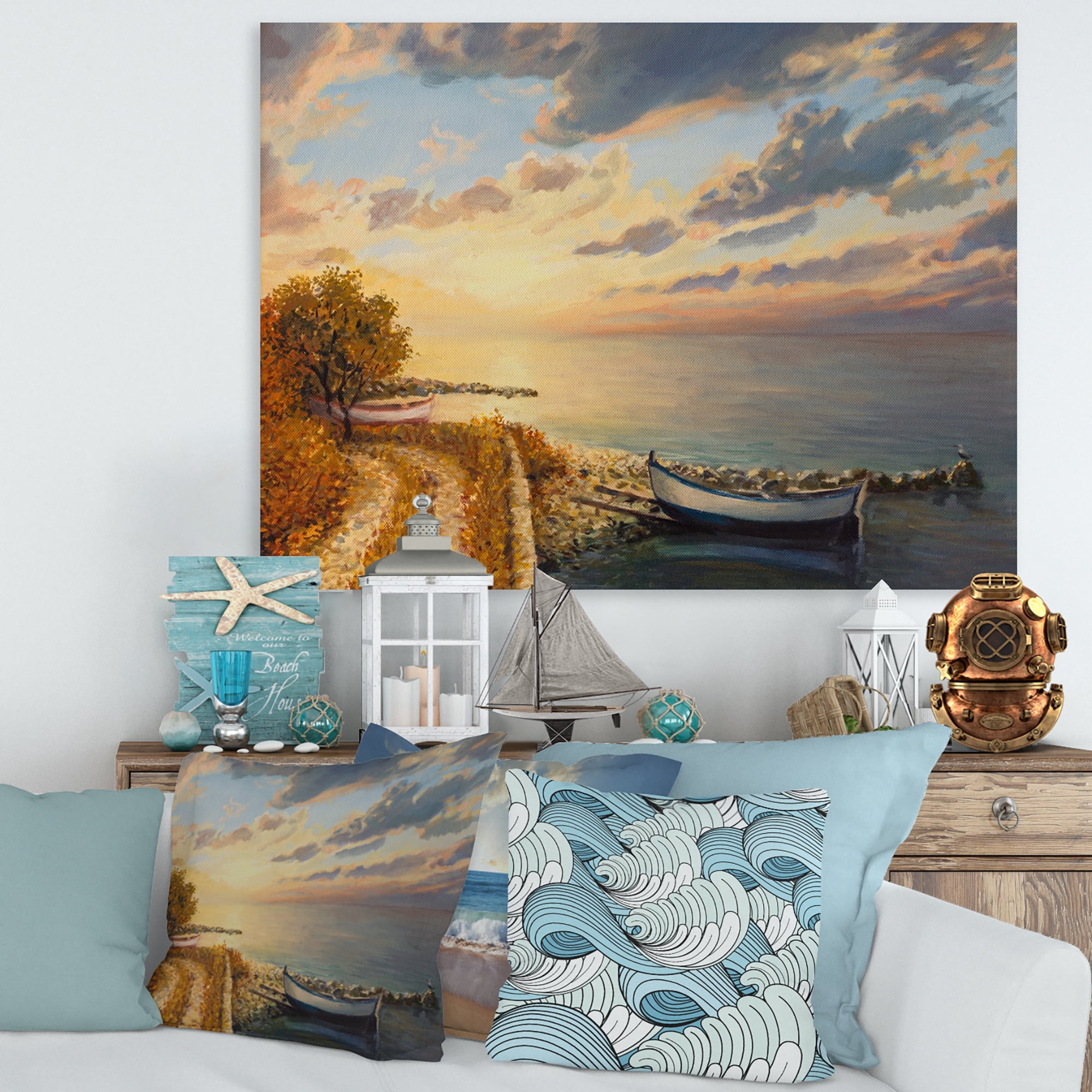 Designart ' Romantic Morning By The Sea ' Nautical & Coastal Canvas Wall Art Print