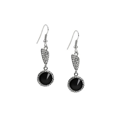 Around Crystal - Rhodium Crystal Rhinestone in Oblong Shape with Dangle Crystal Rhinestones Around Jet Stone Earrings