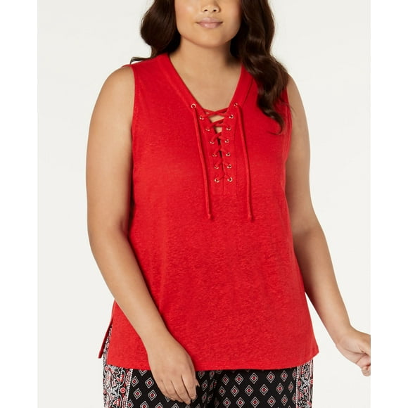 INC International Concepts INC Womens Plus Linen Blend Lace-Up Tank Top Dark Red, Dark Red, 1X