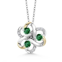 Gem Stone King 925 Silver and 10K Yellow Gold Round Green Nano Emerald and White Lab Grown Diamond 3-Stone Pendant Necklace for Women (0.95 Cttw, Gemstone May Birthstone, with 18 inch Chain)