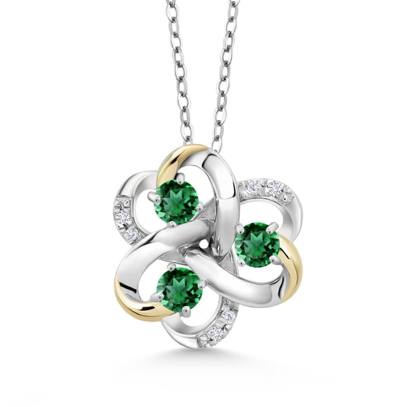 Gem Stone King 925 Silver and 10K Yellow Gold Round Green Nano Emerald and White Lab Grown Diamond 3-Stone Pendant Necklace for Women (0.95 Cttw, Gemstone May Birthstone, with 18 inch Chain)
