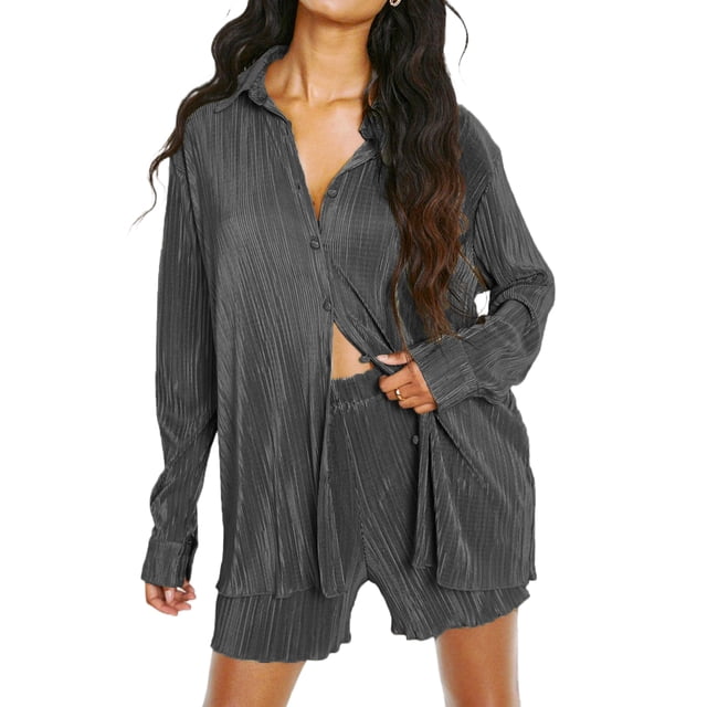 VISgogo, conjunto de ropa informal de 2 uds para mujer, camisas de manga larga fruncidas de color sólido con botones y pantalones cortos, traje VISgogo moda
