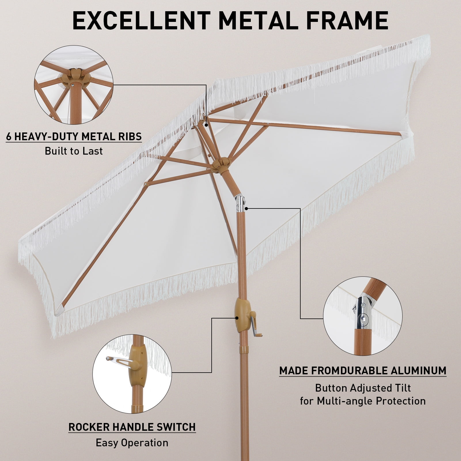Autlaycil 7.5 ft Fringe Patio Umbrella for Beach, Pool, Adjustable Outdoor Market Umbrellas,Tassel Stylish - White