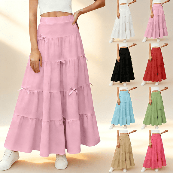 Aboser Summer Long Skirts for Kids Girls Cute Bow Tiered Beach Skirt Flowy A Line Vacation Skirts Solid Color Maxi Skirt Casual High Waist Lounge Skirts