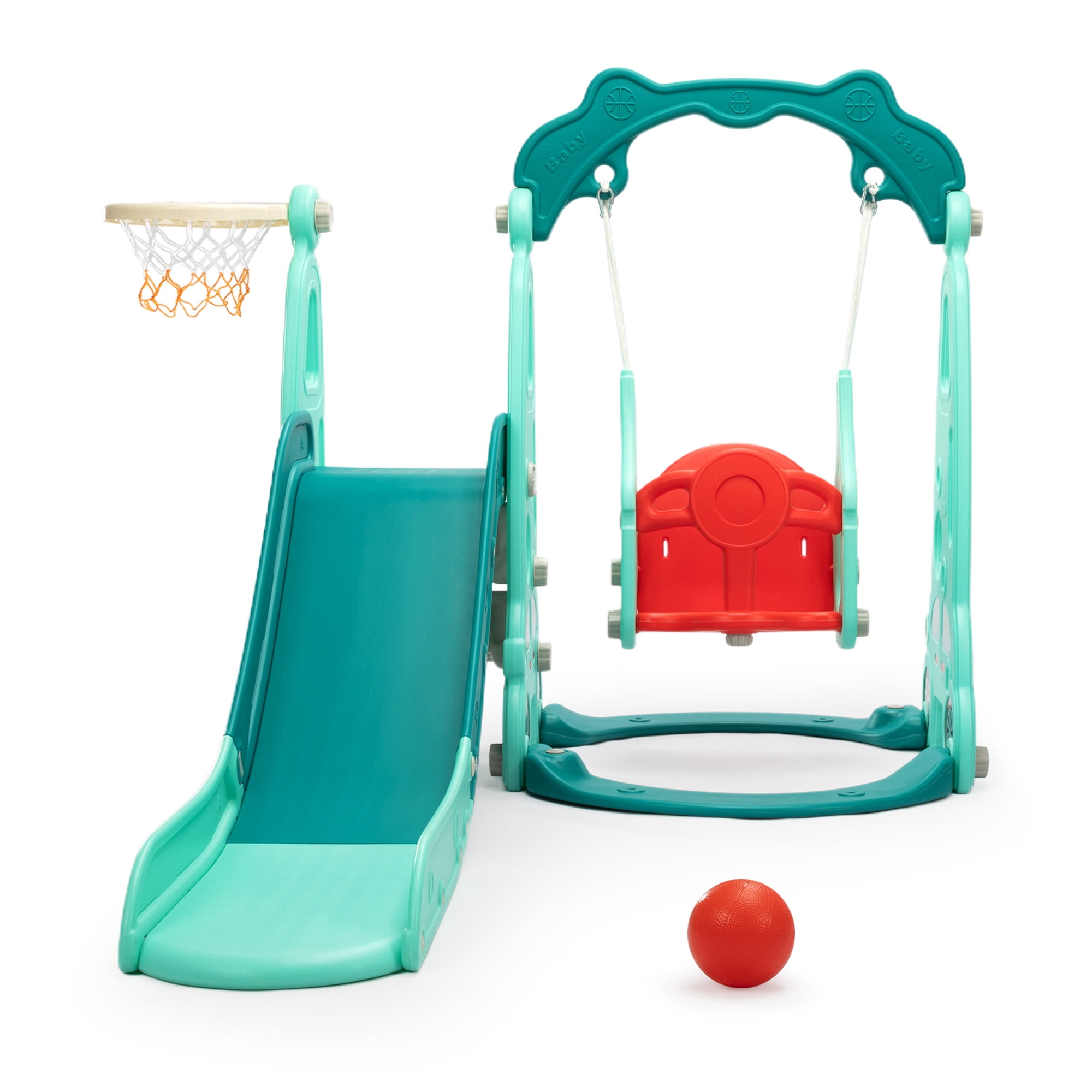 4 in 1 Slide Climber Swing Set, Freestanding Toddler Slide Climber Playset with Basketball Hoop, Toddler Playground Indoor Outdoor, Easy Setup