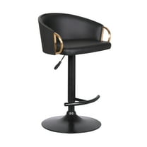 Solstice Adjustable Black Faux Leather Swivel Barstool With Black Powder Coated Finish and Gold Accents