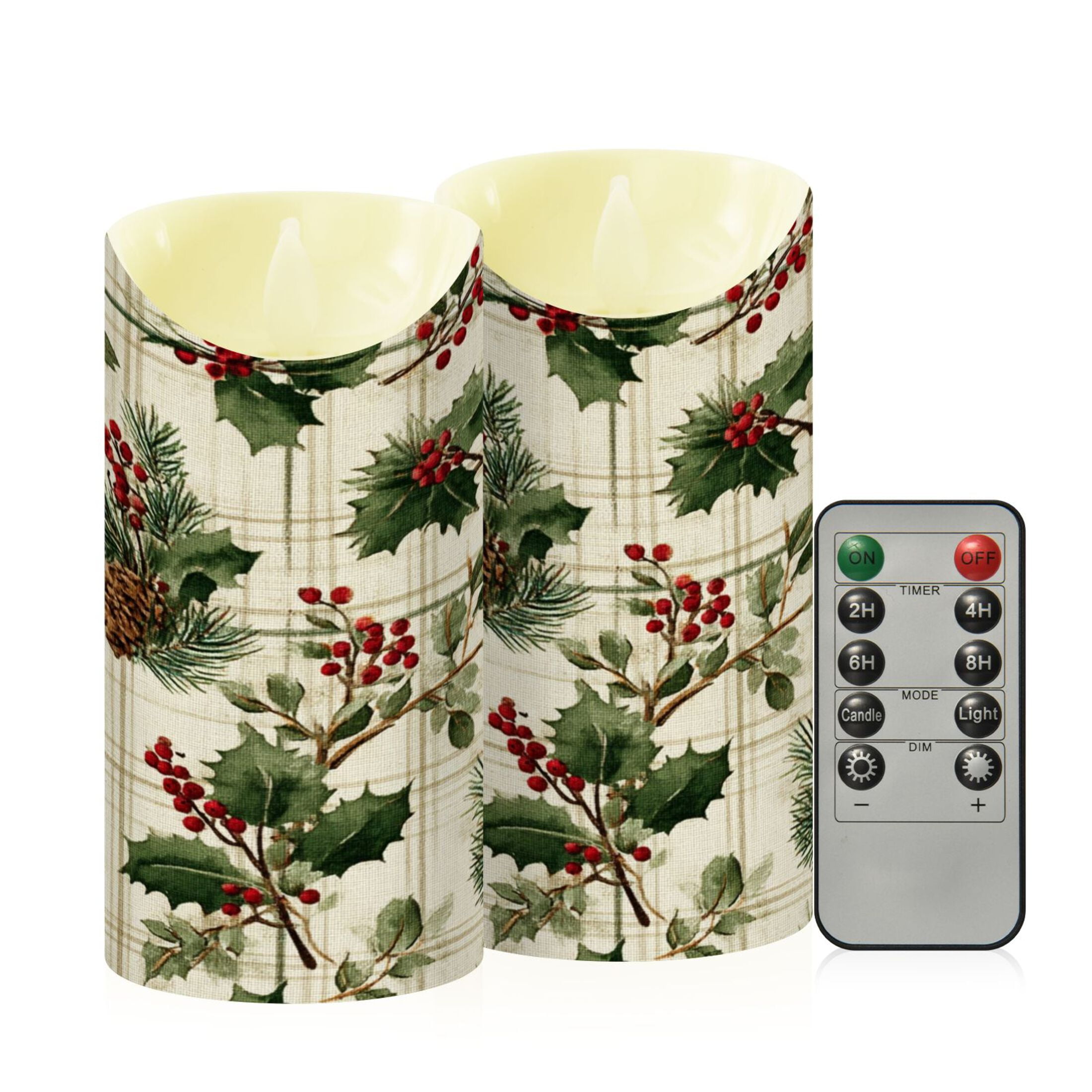 2 PCS Tilted Flameless Candles Flickering LED Lights Battery Operated Candles with Remote Timers for Holiday Decor Pine Boughs and Holly Pattern