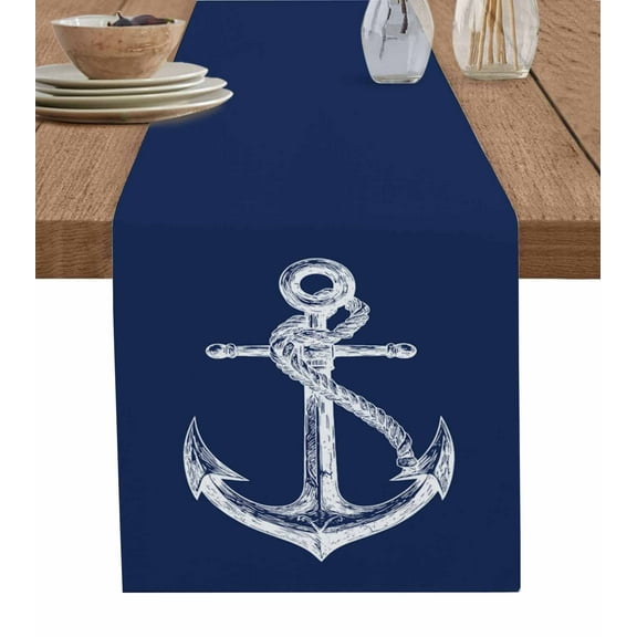 Ldtrchee Nautical Anchor Table Runner 36 Inches, Navy Blue Coastal Ocean Minimalist Bed Runner Dresser Scarves Tabletop for Indoor Outdoor Parties/Ceremony/Banquet, 13"x 36"