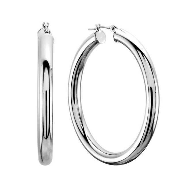 14K White Gold 3MM Shiny Round Tube Hoop Earrings, 25mm