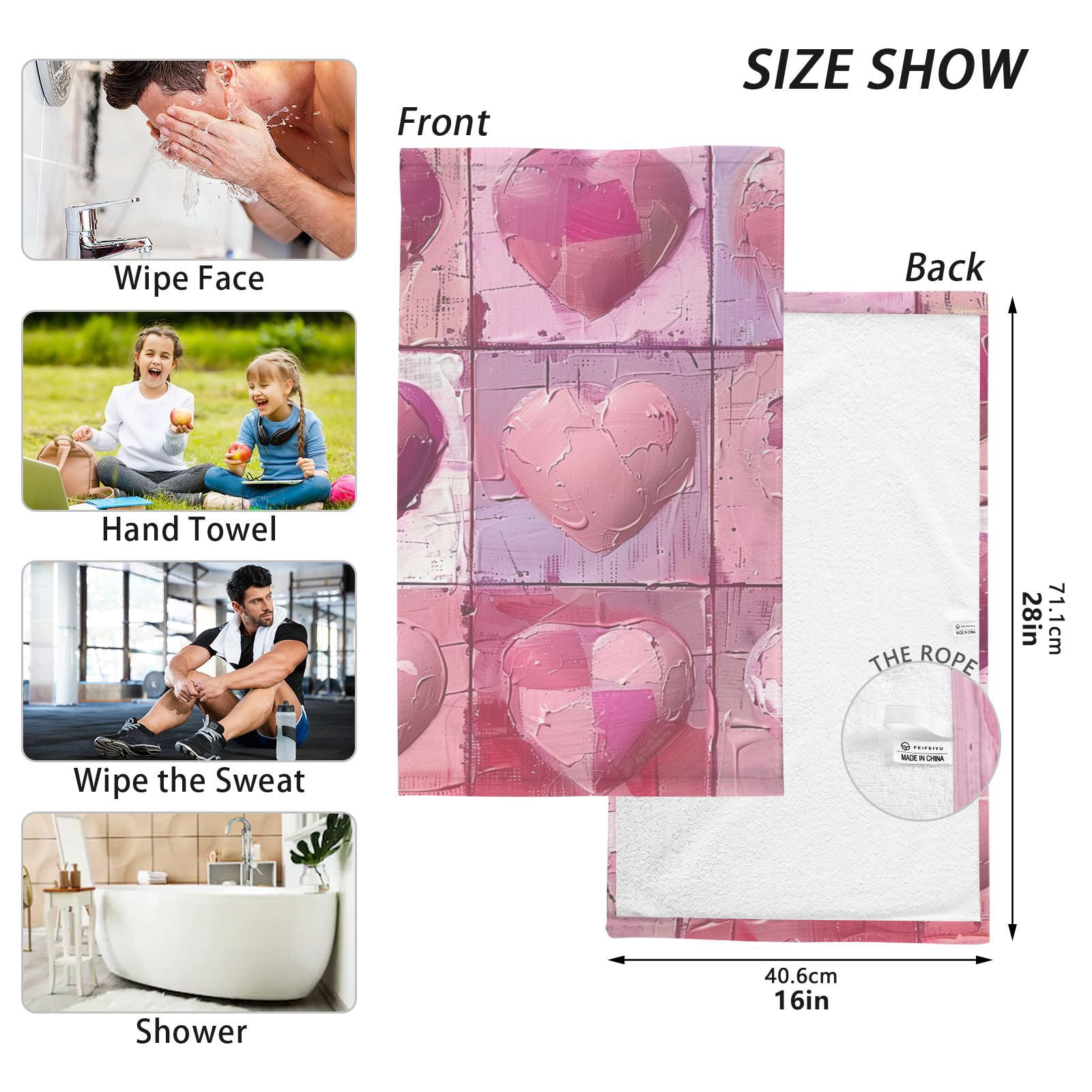 Pink Hearts Hand Towels Cotton Bath Towels Large Face Towels Absorbent for Bathroom 2 Packs